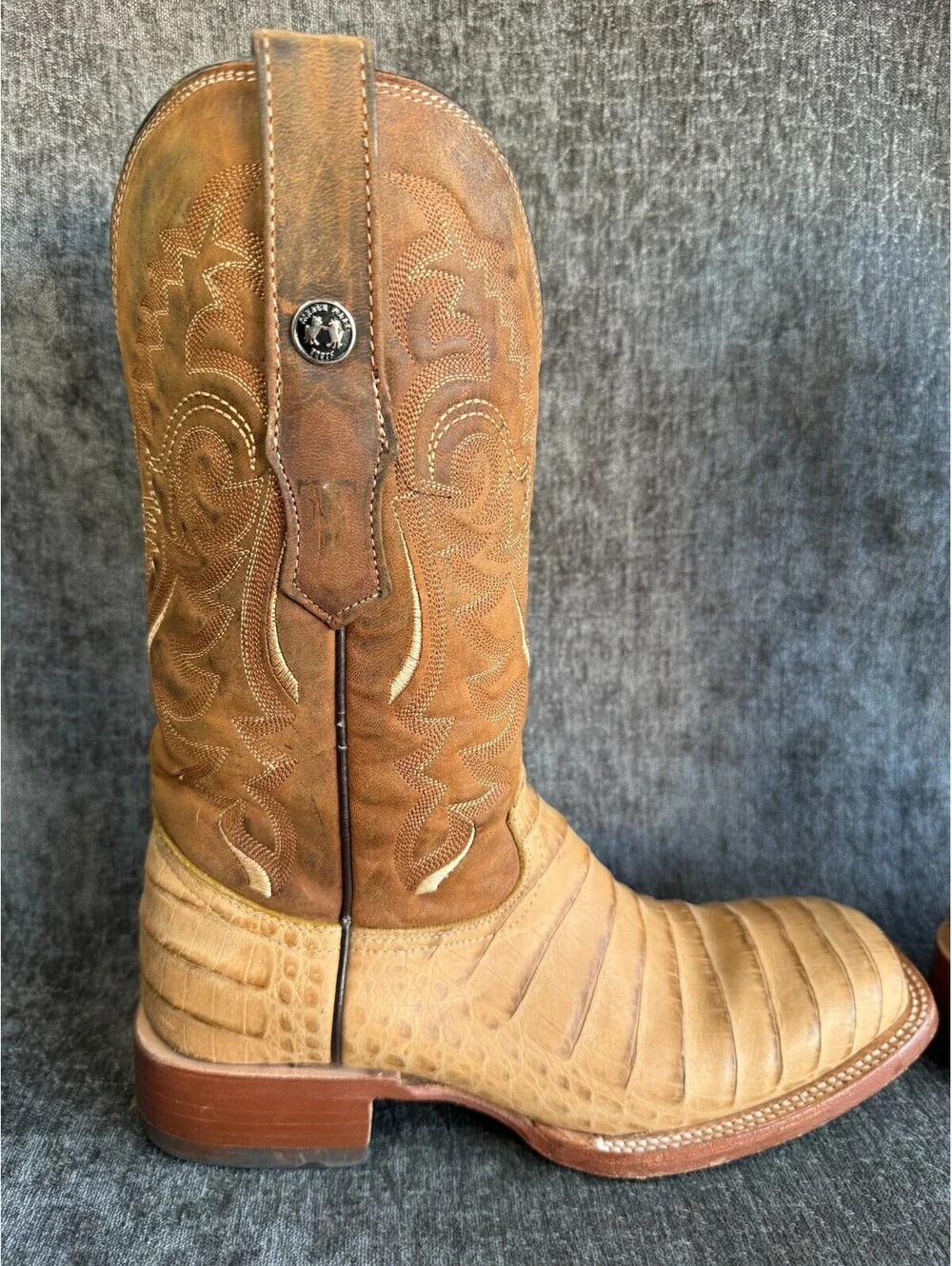 Tanner Mark Mens Cowboy Boots Size 7 Caiman Tail Print Tan Leather Square Toe